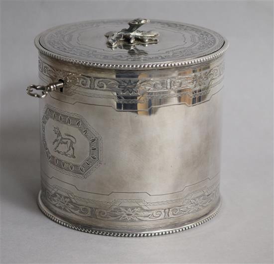 A George III engraved silver cylindrical tea caddy by Robert Jones I, London, 1774, 10 oz.